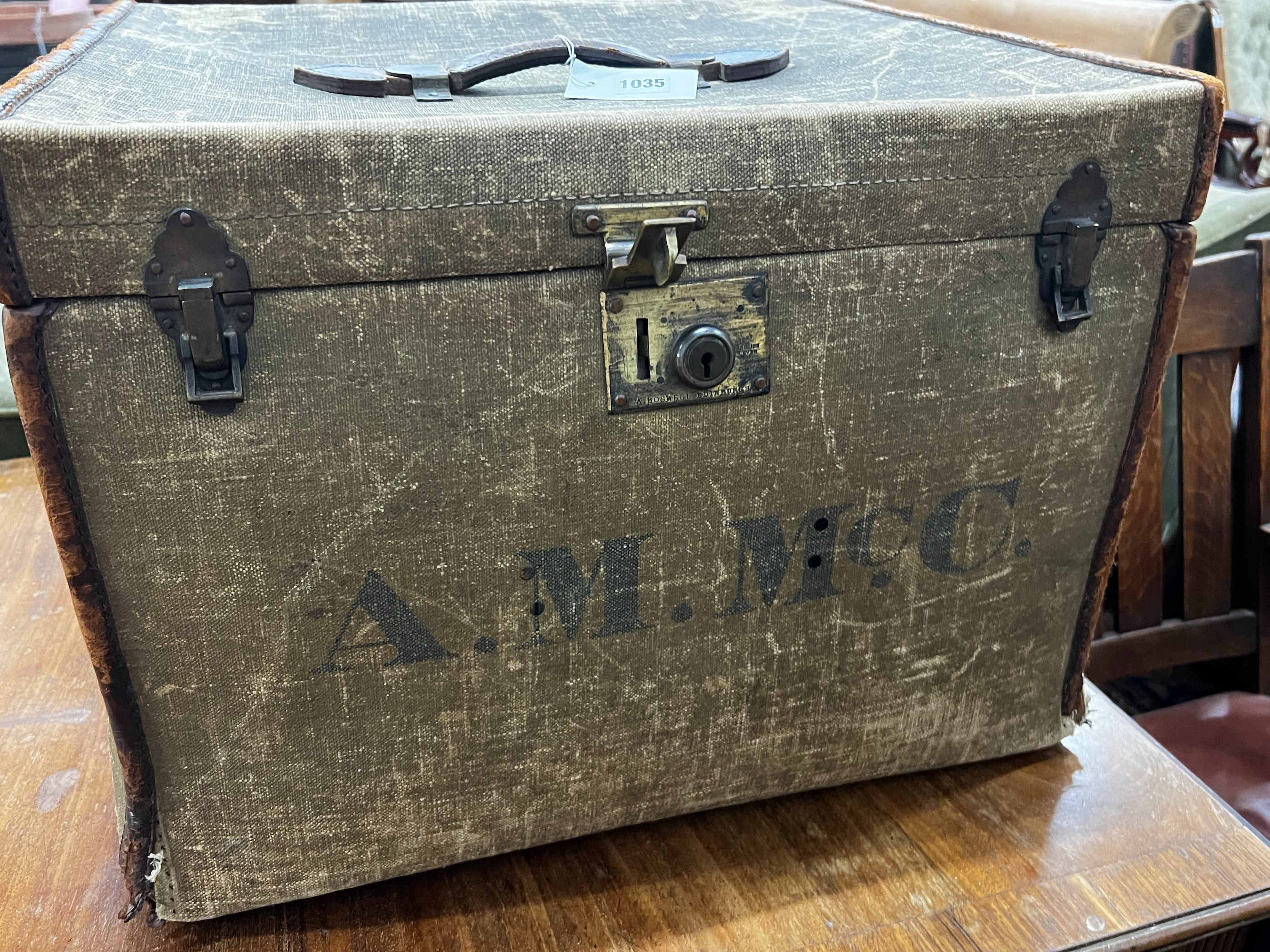 A Victorian canvas covered travelling trunk, width 50cm, depth 46cm, height 37cm